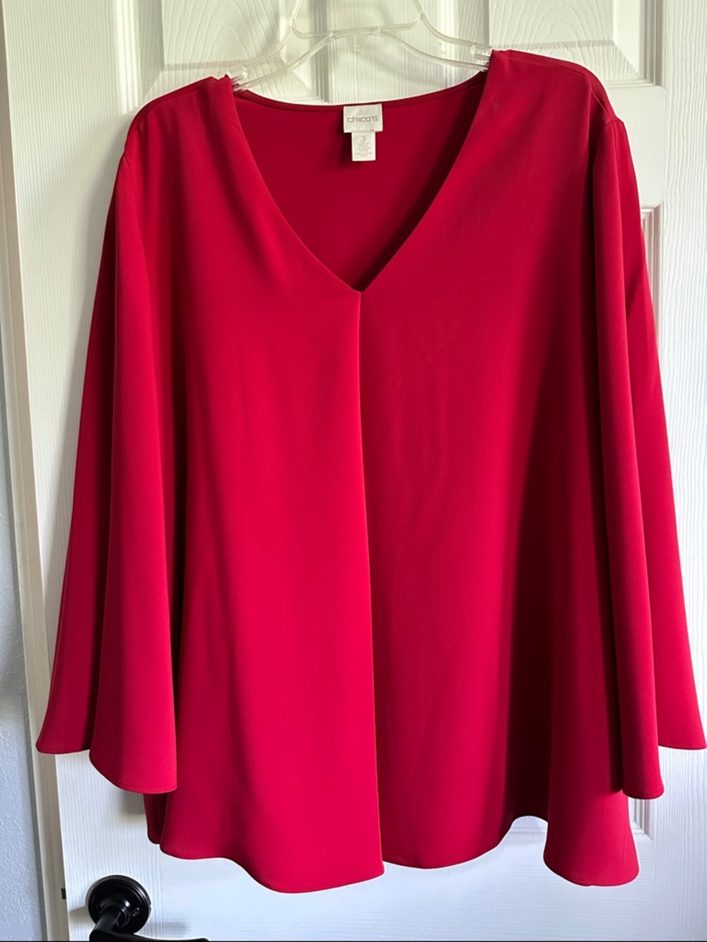 Chico's Red V-Neck Swing Blouse with Split Bell Sleeves-Size 3